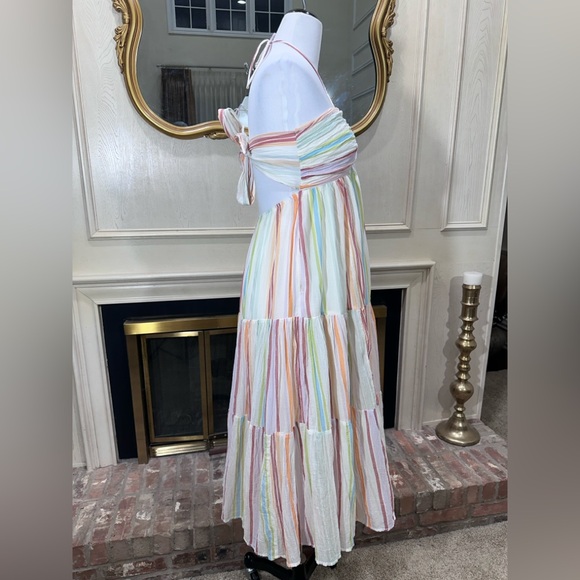 American Eagle Striped Ruched Halter Midi Dress | M | Cotton Lined Tiered - Picture 11 of 16